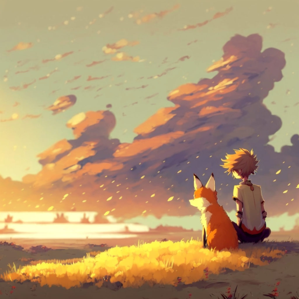 Le Petit Prince et le renard, assis sur la colline, contemplent l'horizon.